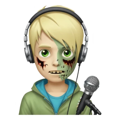 boy zombie whit blonde emo hair and eyes blue and GREEN SKIN and heandphones AND A MICROFONE AND GOLD TEETH  sticker