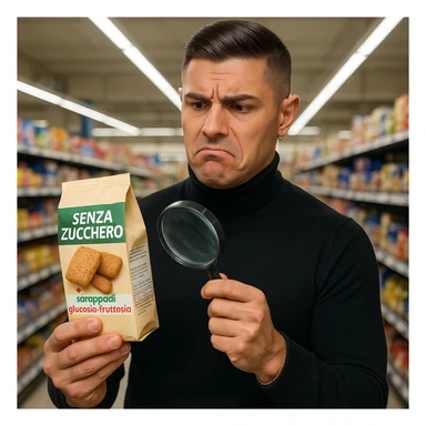 Supermarket, man like the reference, holding 'SENZA ZUCCHERO' product, ingredient list shows 'sciroppo di glucosio-fruttosio' in bold red, confused, floating magnifying glass, hyper-realistic, harsh fluorescent light. Variant 6. sticker