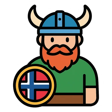 Norwegian Viking with red beard and helmet with horns. Holds a round shield with Norwegian pattern sticker