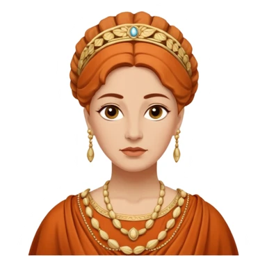 An emoji portrait of a mature Greek noblewoman. She wears a terracotta-colored chiton with intricate embroidery. Her hair is styled in an elegant updo, and she has a calm, wise expression. sticker