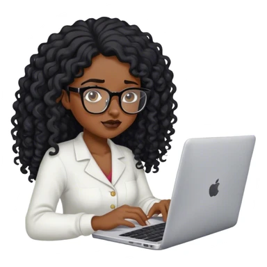 Black girl pretty with glasses and long curly hair black trying to work on laptop sticker