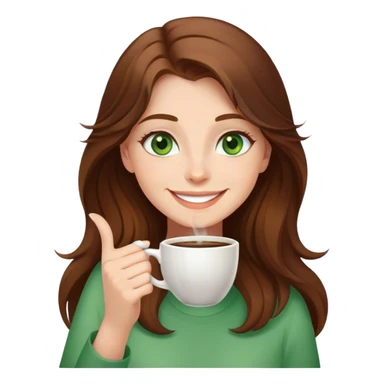 Long, Brown haired girl with green eyes drinking coffee, smiling and waving sticker