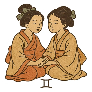 ukiyo-e style gemini twins, traditional Japanese illustration sticker