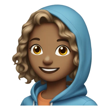 girl with shoulder length wavy hair and brown eyes smiling in a blue hoodie sticker