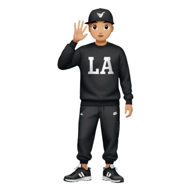 Crea Un Emoji De Cuerpo Completo Que Sea Hombre Con Corte Alucin Que Tenga Gorra Nike, Suéter Negro Que Tenga La Letras LA El La Parte Del Corazón, Zapatos Adidas Con Una Palomita✅, Pantalón Ancho O Bellaco Con Unos Diseños De Palomas Blancas Y Asiendo Una Pose Con Su Mano Que Sea Está 🤙🏽. sticker