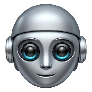 A cute futuristic robot emoji made of silver chrome, rounded friendly body, minimal facial features, glossy metallic surface, soft reflections, iOS emoji style, centered, clean white background sticker