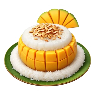 cinematic-realistic-mango-sticky-rice-dessert-emoji,-showcasing-sweet-sticky-rice out of a mould-paired-with-ripe-mango-slices-and-coconut-milk-rendered-with-lifelike-detail-and-warm,-inviting-lighting with the coconut  milk over the rice sticker