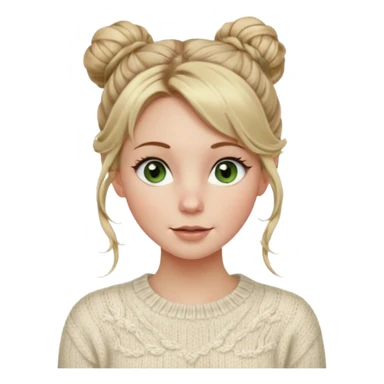 dirty blonde hazel  green eyes woman with a white cable knit sweater and one messy bun with tendrils of hair flowing down her face and she is happy pale, some freckles, blush. she has a cateye wing and long lashes sticker