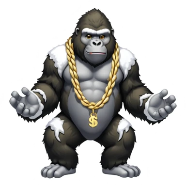 Snow elemental shaped more like a gorilla—think tall, jointed limbs, maybe even facial expressions made of snow flaunting money wearing gold rope chain with jacket and Jordan sneakers sticker