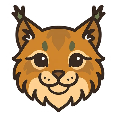 A cute and soft lynx face with big, expressive eyes, designed in a warm and magical color palette: golden orange (FA9B41), forest green (4A7C5C), muted taupe brown (96775A), and pastel peach (FFCC9A). The lynx’s fur is fluffy and soft, with a mix of warm browns and golden highlights. Its ears are tipped with tufts of fur in greenish tones, and its cheeks are gently rounded with subtle peach accents. The eyes are bright and curious, surrounded by soft fur in the warm color palette. The overall look is adorable, serene, and enchanting, evoking a gentle, woodland atmosphere. sticker