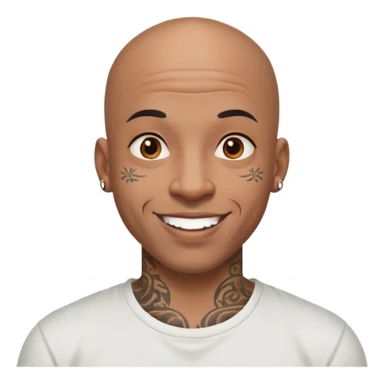 bald black man with intricate face tattoos, cheerful expression, wearing a t-shirt sticker