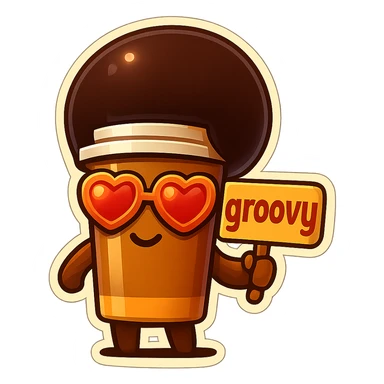 Tall coffee cup, no mouth, afro, heart glasses, holding sign "groovy" sticker