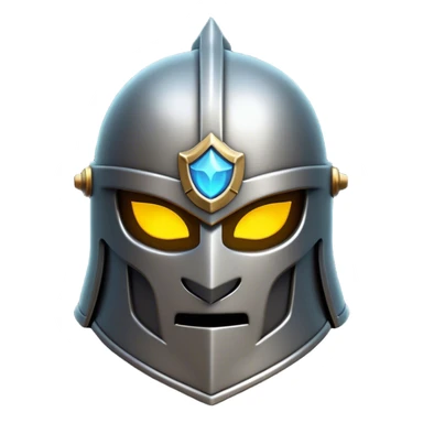 Clash of Clans aesthetic: Cinematic Playful 3D Isometric steel helm Emoji, rendered in a 3D vector-style similar to standard emojis with minimal shading and bold, simplified shapes. A compact, distinct form with signature details, softly glowing with a fantasy RPG magic charm. Simplified yet unmistakably iconic, highly detailed and consistent, glowing with a soft radiance and high shine. Stylized with a touch of heroic grandeur and a soft glowing outline, capturing the essence of a beloved gaming relic with a friendly, playful manner! sticker