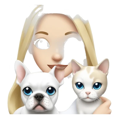 Blonde girl with blue eyes holds White French bulldog and a white cat sitting together sticker