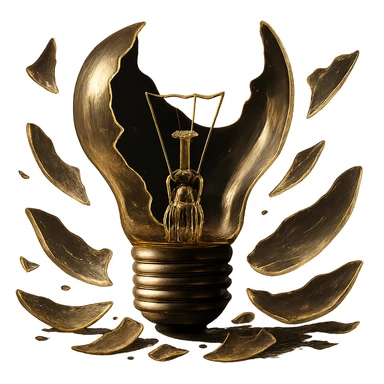 Edit the broken, shattered lightbulb with glass shards in a dramatic and expressive style. Maintain a transparent background. Focus on emphasizing the shattered glass shards and dramatic expression in the composition. sticker