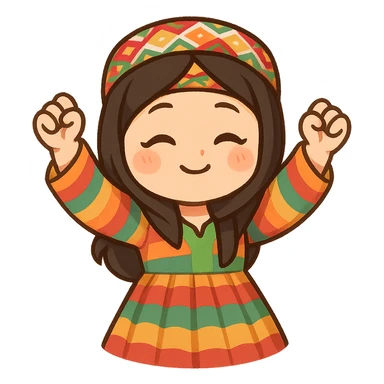 Cartoon sticker of a Kurdish child in traditional colorful Kurdish child dress, dancing Kurdish dance with hands raised and traditional dance pose, no text, suitable for WhatsApp and Instagram, transparent background. sticker