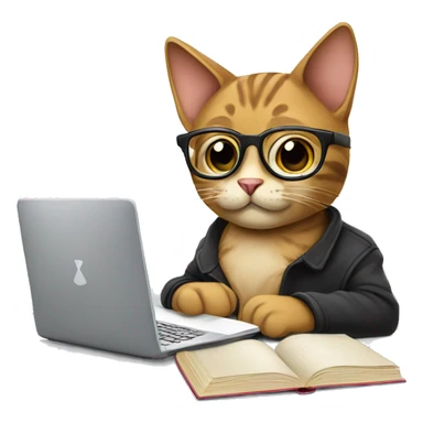 Cat studying, glasses, books, laptop sticker