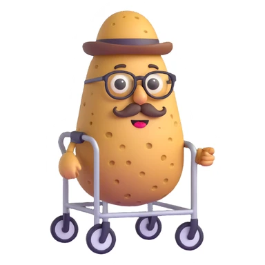 funny icon for archived groceries, ancient potato with mustache glasses and walker, humorous face, 3D emoji style, white background sticker