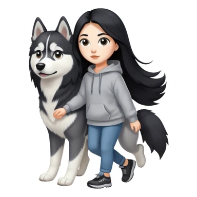 A girl with long black hair wearing a sweatshirt walks a black and white husky sticker