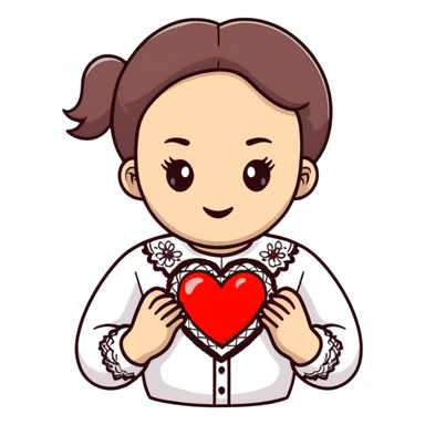 Beautiful young girl in a white Ukrainian embroidered shirt holds a large embroidered heart in her hands sticker