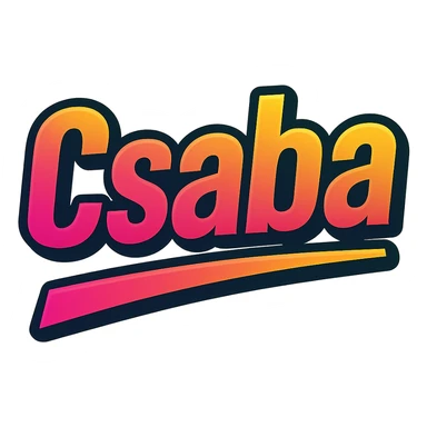 The name 'Csaba' in a modern, colorful gradient font with a dark outline, transparent background, with the name underlined or partially underlined with a dynamic, slanted underline, in the style of the sample images. sticker
