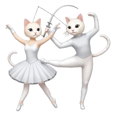 A white female cat doing ballet and a black male cat doing fencing sticker