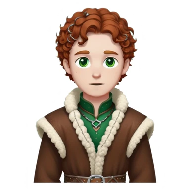 Medieval winter outfit worn by a DnD themed fantasy male character. Rich brown leather-trimmed wool tunic with sheepskin lining, featuring intricate metal buckles at the collar, paired with a heavy braided belt. Clothes only above the waist, full waist coverage. The character has no arms. Character is white-skinned with auburn hair, emerald green eyes, and short curly hair beneath a light dusting of snow. sticker