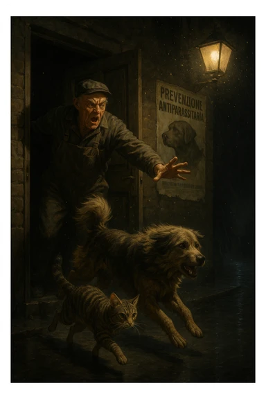 Un uomo anziano in tuta da lavoro, con espressione arrabbiata, butta fuori i suoi animali con aperta la porta di casa mentre il suo cane (un meticcio a pelo lungo) e il gatto (soriano) scappano nella strada buia sotto la pioggia. Particelle di polvere/pulci fluttuano nell'aria illuminata dal lampione. Sullo sfondo, un poster strappato del veterinario con scritto 'Prevenzione antiparassitaria'. Stile fotorealistico, illuminazione Caravaggesca, toni grigi e ocra. in italiano sticker