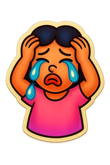  laughing with Tears rolling down face 
Mouth Pout
hands on head 
pink shirt 
head down
 sticker