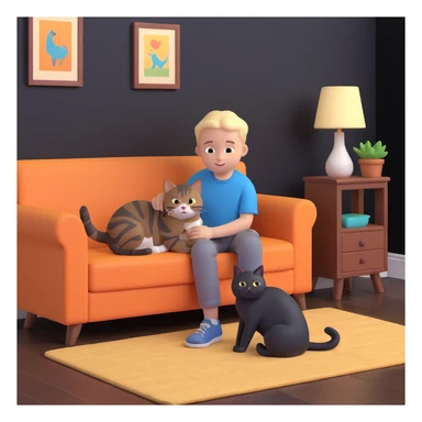boy and cat pet, living room background sticker