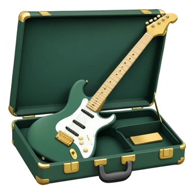 minimalist electric guitar in dark green, closed inside a black rectangular hard case with gold latches, soft matte textures, simplified details, compact artistic look sticker