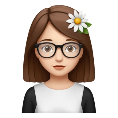 Hawaii female with fair skin. Shoulder length straight brown hair. Brown eyes with glasses. Flower in hair sticker
