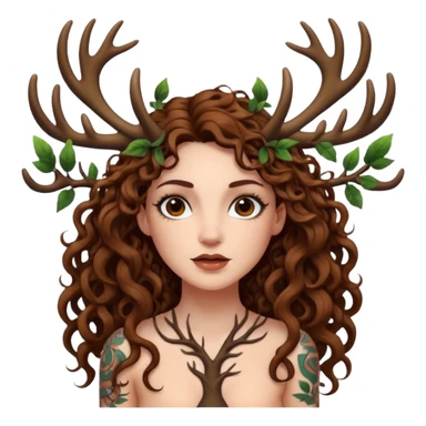 woman with long curly brown hair, brown eyes, white skin, tattoos, tree branches forming antlers above her sticker