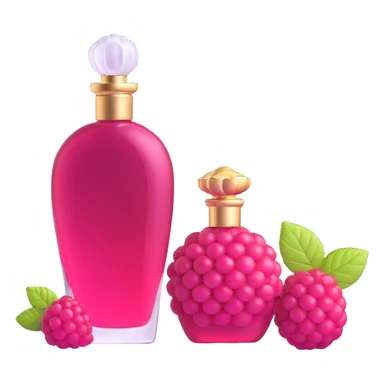 AVON women's perfume bottle next to a raspberry-shaped bottle sticker