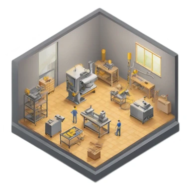 isometric square transparent solid outline border containing indoor creative workshop handmade factory three people actively working cnc machine tools vacuum simple clean industrial sticker