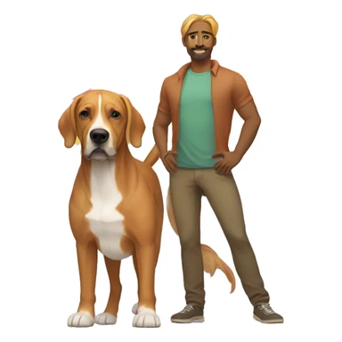 white male with long rainbow colored hair standing alongside a brown rhodesian ridgeback dog sticker