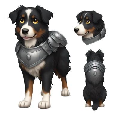 Small black australian shepherd dog with armor sticker