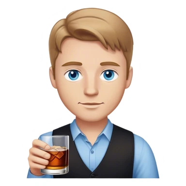 white guy light brown hair blue eyes wearing black holding whiskey sticker