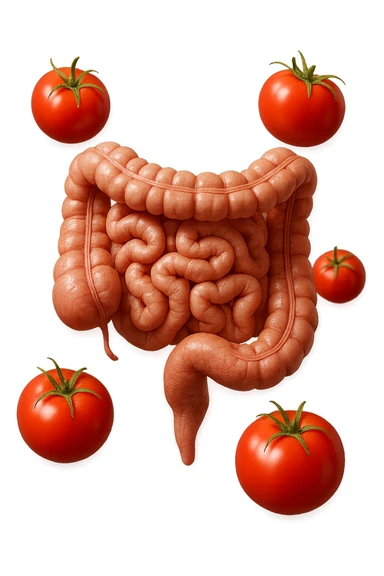 intestino umano anatomico con pomodori che gli fluttuano intorno, iperrealistico 4k sticker