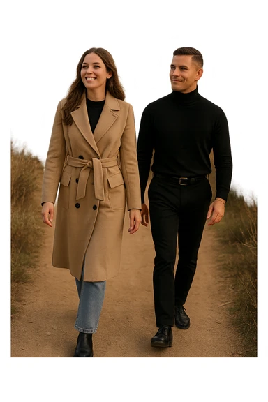 a man and a woman walk together along a winding path in a natural landscape. In one version, the woman leads confidently while the man follows a few steps behind, looking at lei con ammirazione. In un’altra versione, i ruoli sono invertiti, con l’uomo che guida e la donna che lo segue sorridendo. La scena trasmette l’idea che entrambi possano guidare o seguire, a seconda del momento. sticker
