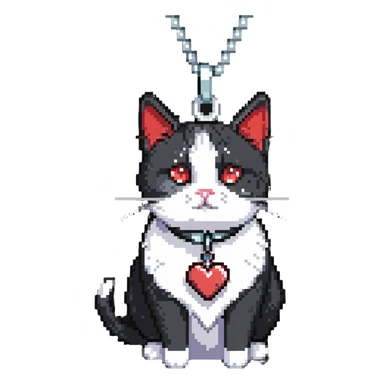 tuxedo cat with red leash and heart pendant, white fur only on mouth, small diamond spot above nose sticker