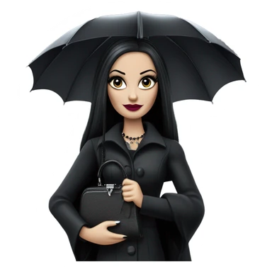 Parisienne Pretty Barbie Morticia Addams at a rainy funeral holding umbrella, accessories gloves carrying small purse  sticker