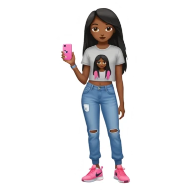 face girl with nails and cute make up black girl strait hair super long  top and slim body and baggy jeans and nike choes sticker
