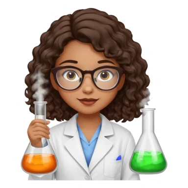 realistic bratz doll with long loose curly dark brown hair, glasses that are round cat eye vibes, in a lab coat mixing beakers that glow shes a 4th grade girl sticker