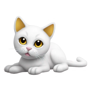 A sleek white cat with black markings on its head and body, large upright black ears, golden-yellow eyes, and a light pink nose, lying on a crocheted white mat. sticker