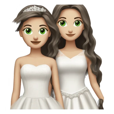 2 dark brown straight long hair white girls, one with green eyes and one with blue eyes. both in wedding dressed sticker