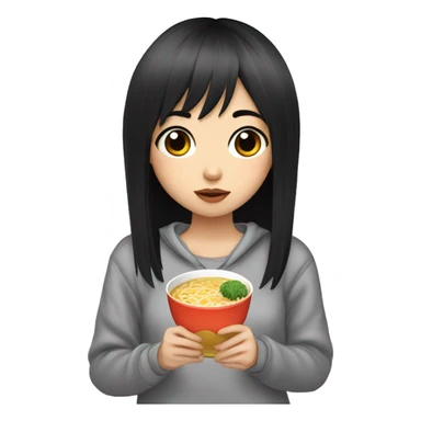 A girl with emo bangs, black hair and big black eyes with a sour face wearing a gray pajama sweater and holding a ramen in her hand. sticker