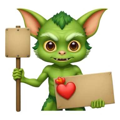 A gremlin holding a large blank sign sticker