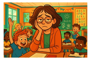 digital cartoon art of a exhausted teacher in a bustling classroom sticker