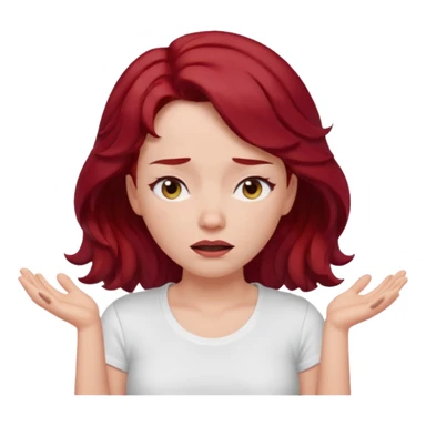 woman shrugging, eyes closed, white t-shirt, dark red hair sticker